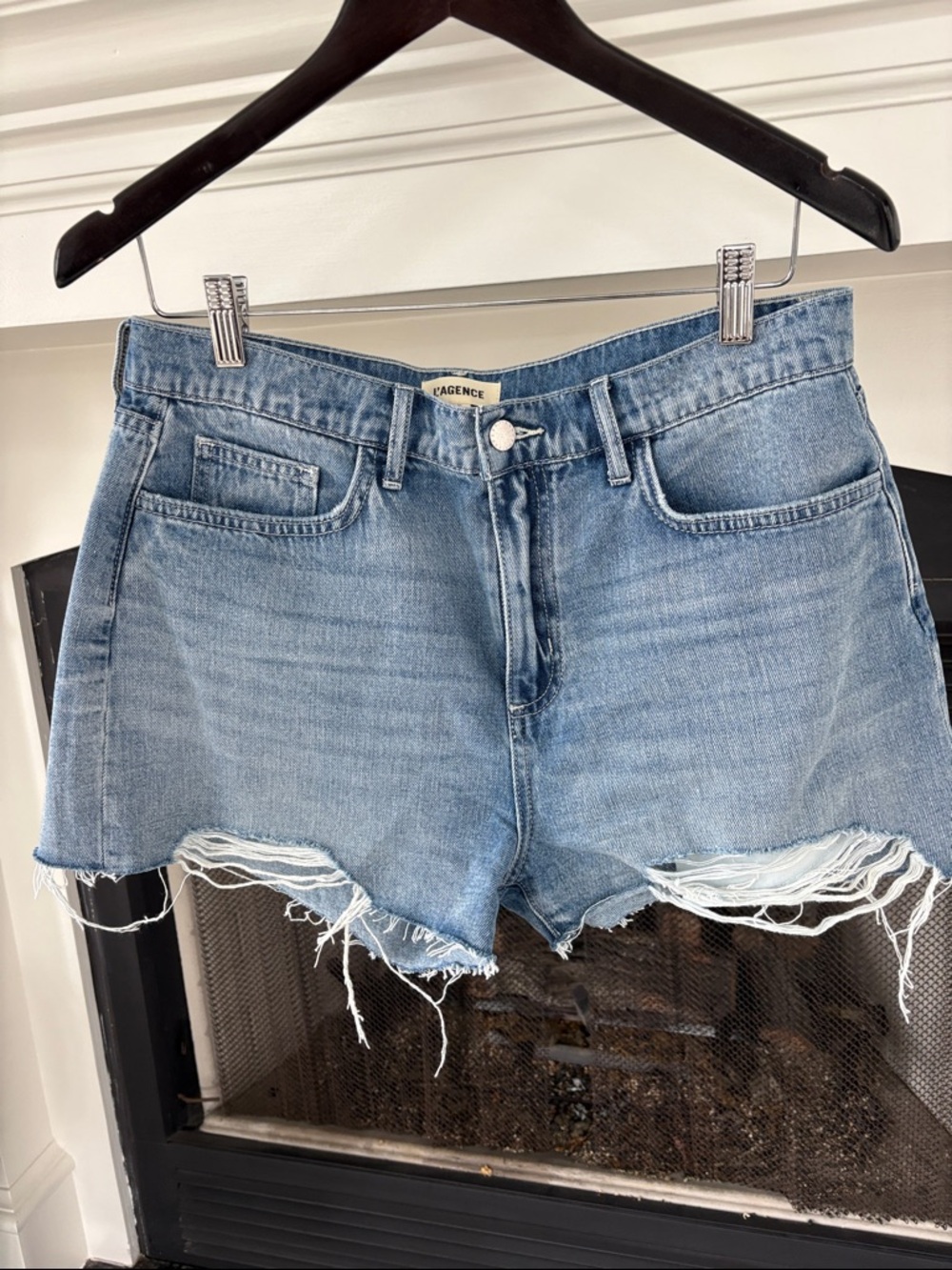 L'AGENCE Washed Light Blue Distressed Denim Cutoff Shorts